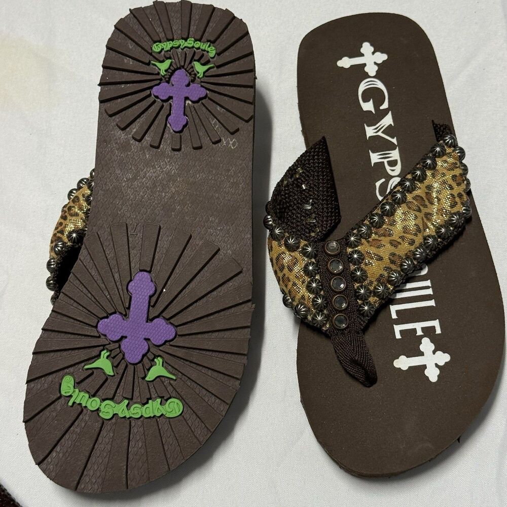 Gypsy Soule Leopard Rhinestone Flip Flop Sandals Women’s Size 7 Boho Bling NWOT - Picture 5 of 15